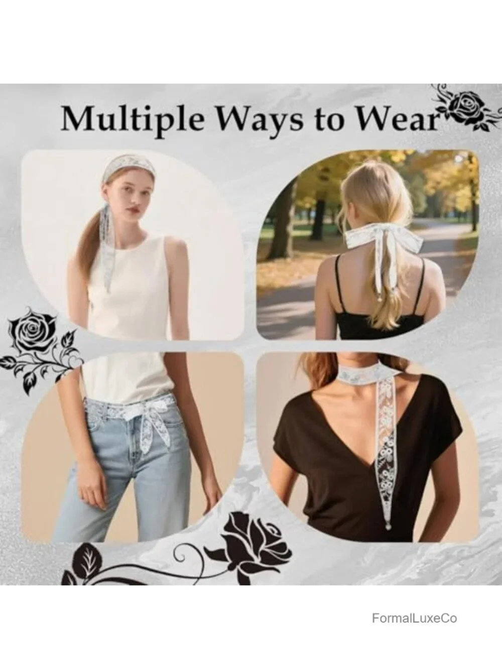 Lace Skinny Scarf with Crystal Pendant - Hair Ribbon, Neck Scarf, Bag Accessory